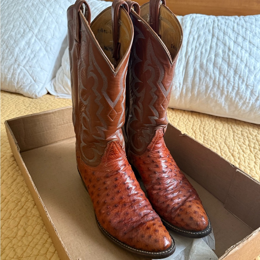 Vintage 70s Tony Lama Gold Label Ostrich Cowboy Boots, Size 10.5 Narrow